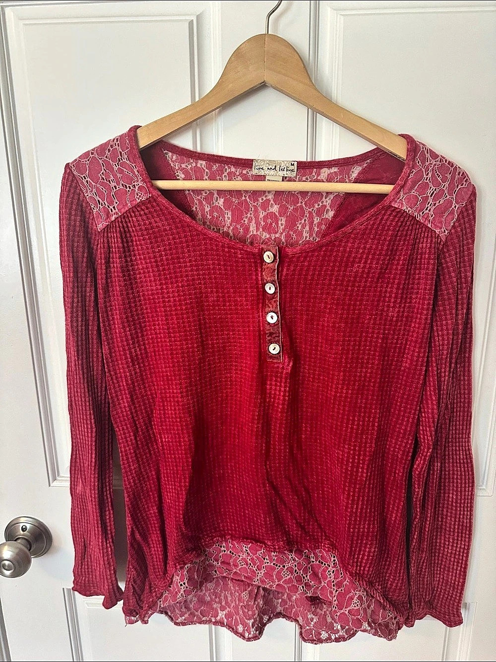 Live and Let Live Red Lace Trim Blouse Size Medium